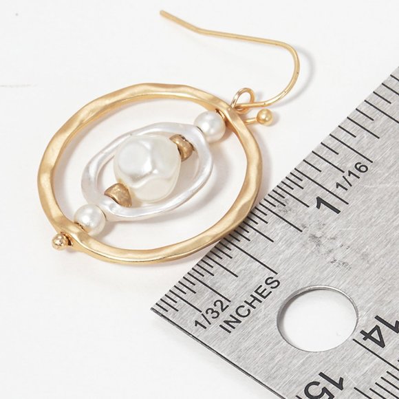 Earrings Hammered Drop Round Gold White Two Tone Fashion Jewelry Zinc Alloy - Picture 2 of 5